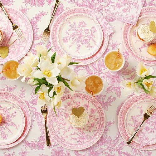 Image of Coterie Pink Toile Paper Tablecloth | Rectangle Tablecloth /Table Cover for Bridal and Baby Shower, Tea Party, Garden Party, Birthday | 8.5' by 4.5' Table Cloth Rectangle Table