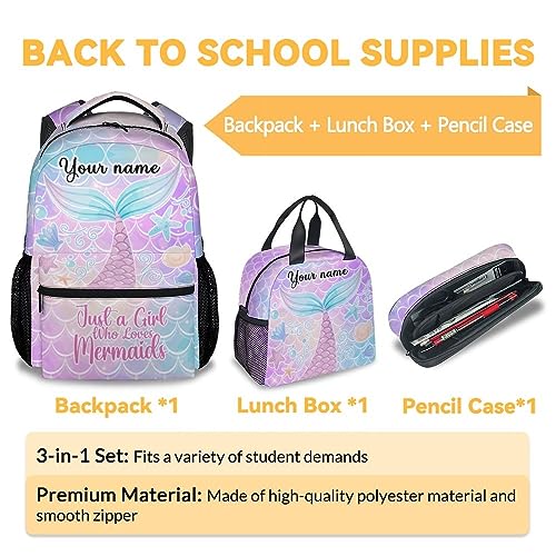 Personalized Mermaid Backpack with Lunch Box Set for Girls, 3 in 1 School Backpacks Matching Combo, Cartoon Pink Bookbag and Pencil Case Bundle3