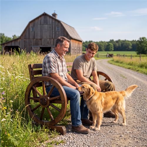 Image of VINGLI Rustic Wooden Wheel Bench Outdoor Bench, Patio Bench Wagon Slatted Seat, Garden Benches for Outdoors 350lbs High Capacity, Weather Resistance (Rustic, 41in)