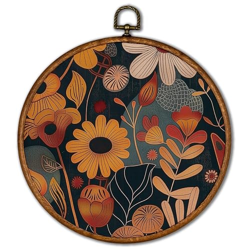 KSDUT Arte vintage bohemio de flores naturales para decoración de pared, arte floral botánico textil para pared, lienzo para colgar, decoración de pared redonda moderna de mediados de siglo,
