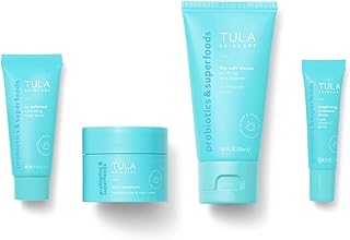 TULA Skin Care On the Go Best Sellers Travel Kit | Facial Cleanser, Day & Night Moisturizer, Sugar Scrub & Face Filter Primer for Glowing, Radiant Skin