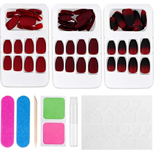 72 Pieces Coffin False Nails Matte Artificial Fake Fingernails Ballerina Medium Wine Red Nail Tips Kit in 3 Boxes Full Cover with Nail Stick File for Nail Salon DIY Decoration