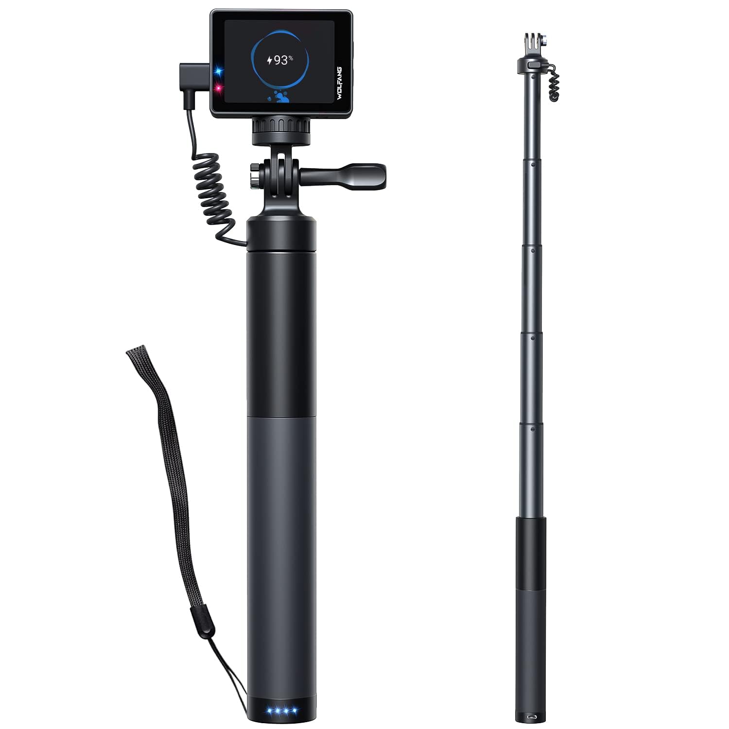 WOLFANG Action Cam Selfie Stick carica la tua action camera da 2600 mAh (24-60 cm), colore nero GB2200