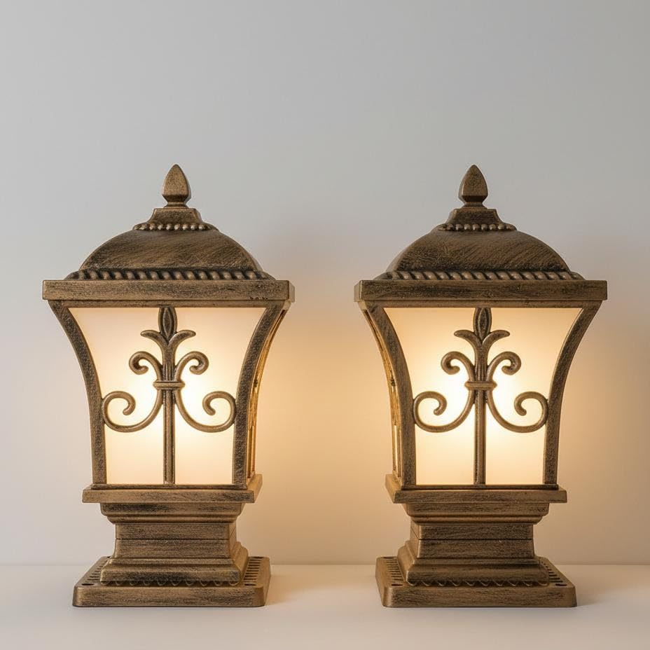 Outdoor Pillar Lights Set of 2, Antique Bronze Finish, Fleur-de-lis Design, Frosted Glass Panels-image-7
