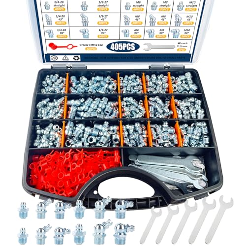 PAIGOIN Grease Fittings Kit, 405Pcs SAE & Metric Grease Fitting Assortment, NPT 1/4