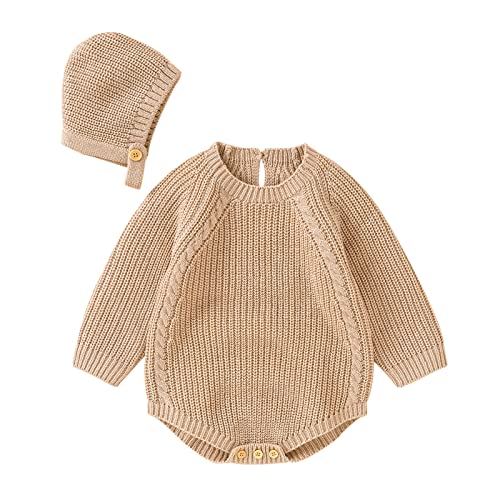 Body Mono de Punto Recién Nacido, Pelele Bebe Niño Niña de Manga Larga, Suéter Cuello Redondo Mameluco de Punto Infantil con Gorra Ropa Bebé Bodies Invierno con Botones Regalos Color Sólido