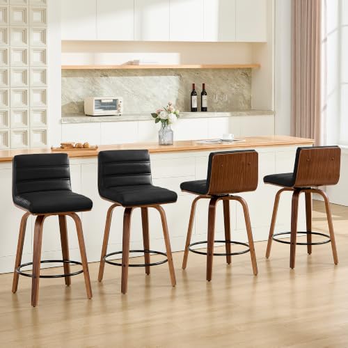Image of Swivel Bar Stools Set of 5,26 inch Faux Leather Counter Height Barstools with Back,Mid Century Modern Upholstered Bar Chairs with Bentwood Legs Island Stools for Kitchen Counter Black