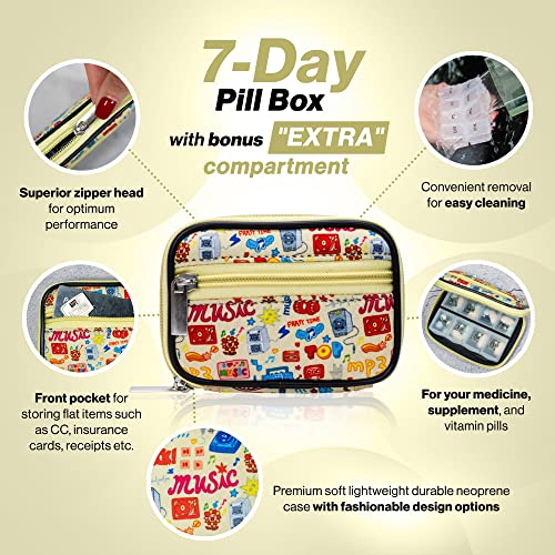 Image of Made Easy Kit Pill Case - Weekly Medicine Organizer with Removable Seven-Day Vitamin & Supplement Box - Premium Neoprene for Travel Purse Accessory (Yellow Music Lover)