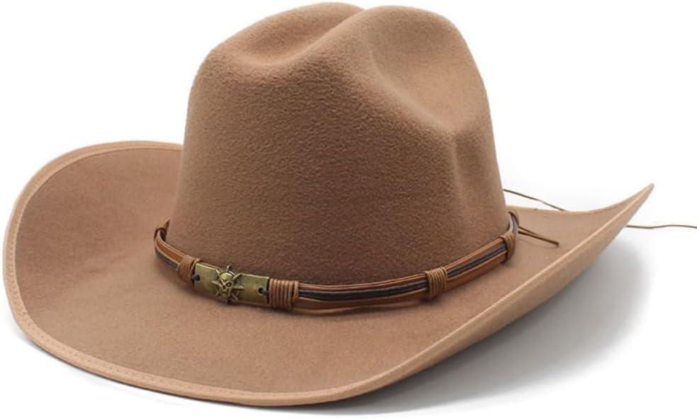 Classic Western Cowboy Hat, Tan Felt with Leather Band, Wide Brim, Decorative Metal Accent