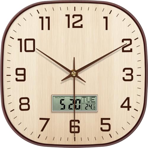 Image of STAR WORK 12 inch Inch Square Silent Non-Ticking Quartz Movement Wall Clock with Analog & Digital Display | Easy-to-Read Numbers | Modern Design for Living Room, Bedroom or Office (Cream - Brown Digital)