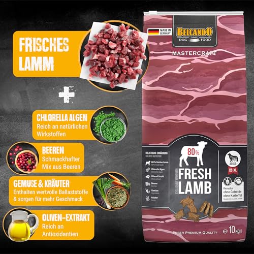 BELCANDO MASTERCRAFT Hundefutter trocken Fresh Lamb, 10kg, Trockenfutter für Hunde mit Lamm, 80% Frischfleisch, getreidefrei, für alle Rassen, Made in Germany