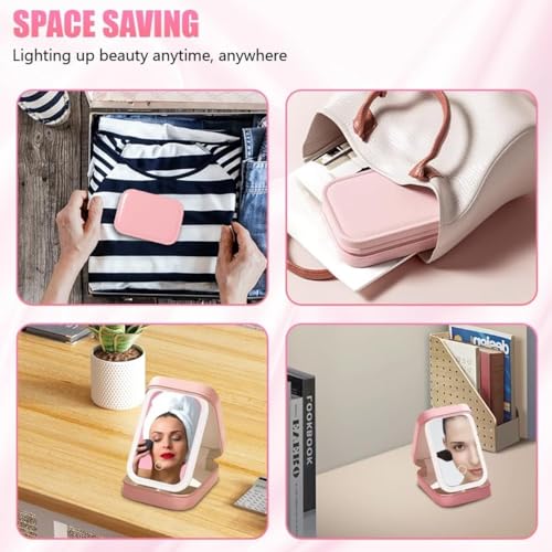 Image of APOPHIS Small Travel LED Makeup Mirror Case with 3 Adjustable Color Light Settings, Dust-Proof Jewelry Box, Mini Cosmetic Train Case Ideal for Short Trips, White, Cosmetic Bag with Led Mirror (Pink)