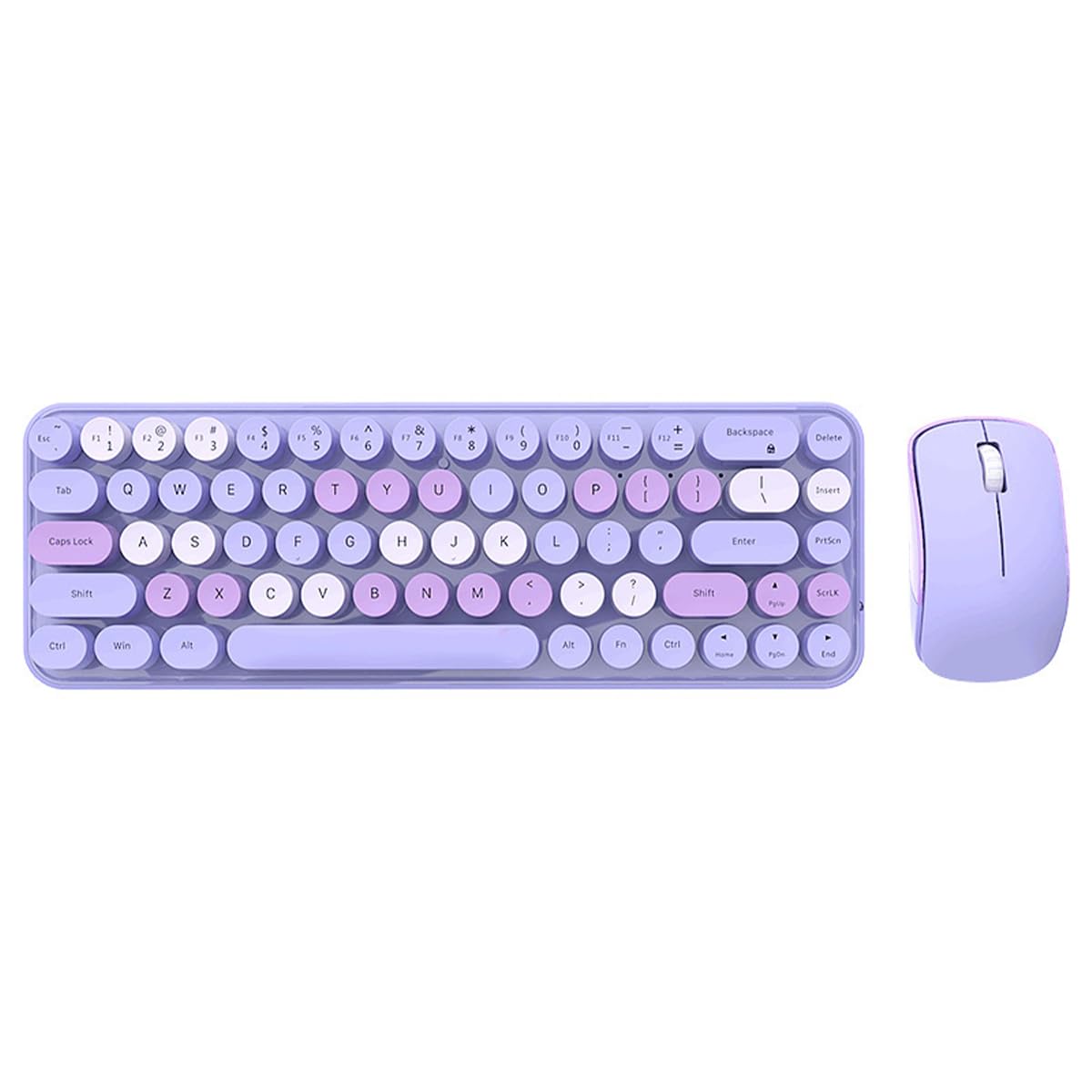 Sarini Bezprzewodowa kompaktowa klawiatura i mysz 2,4 GHz Retro okrągłe 68 klawiszy pastelowy fiolet i jasny fiolet do użytku w biurze, domu, komputerach stacjonarnych i laptopach