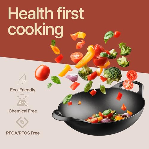 image for BAKKENMASTER Bakken Pre-Seasoned Cast Iron Wok with Wooden Lid, 14
