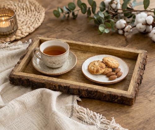 Image of Rustic Wooden Serving Tray with Natural Bark Edges | Handmade Solid Wood Tray | Multipurpose Snack, Tea & Decor Tray | Natural Brown Finish