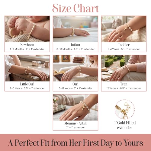 Image of Crystal Dream Christening 14KT Gold-Filled Beads | Cream European Simulated Pearls | Cross Charm Luxury Baby Bracelet | Baptism Unisex Child Bracelet