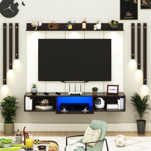 Image of Anikaa NovusPro Engineered Wood Wall Mount TV Unit with PVC Back Panel, Acrylic Blue LED Storage Box, Side Wooden Accent Spot Light Panels I Deal for Up to 50 Inch TV (Wenge - DIY Installation)