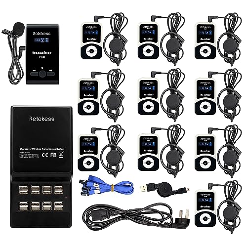 Sistema de escucha asistida Retekess T130, auriculares para guías turísticos (1 transmisor y 10 receptores), para iglesias, plantas, tours, estilo clásico, fácil de usar, con conector Jack 3.5 mm y estación de carga USB de 16 puertos miniatura 1