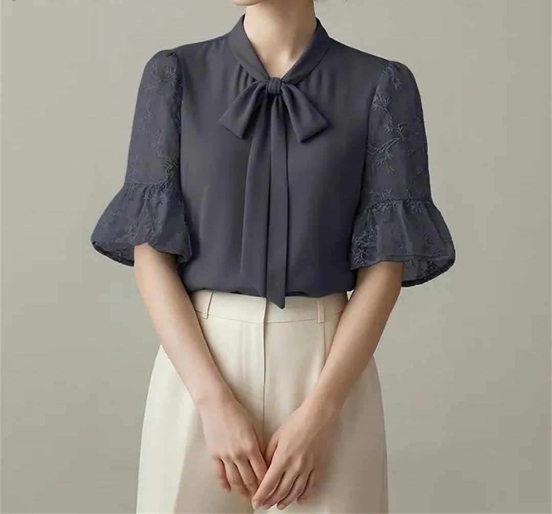 Camicette estive da donna in pizzo patchwork da ufficio eleganti con colletto a fiocco camicia a maniche svasate tinta unita cave top tunica