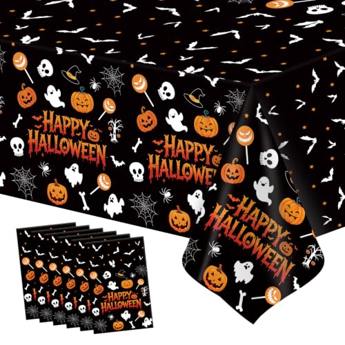 Image of Halloween Tablecloth Party Decorations - 6 PCS Happy Halloween Tablecloth Disposable, Plastic Black and Orange Pumpkin Ghost Table Cloth Cover Rectangle for Halloween Party Decor Supplies, 54 inch x 108 inch