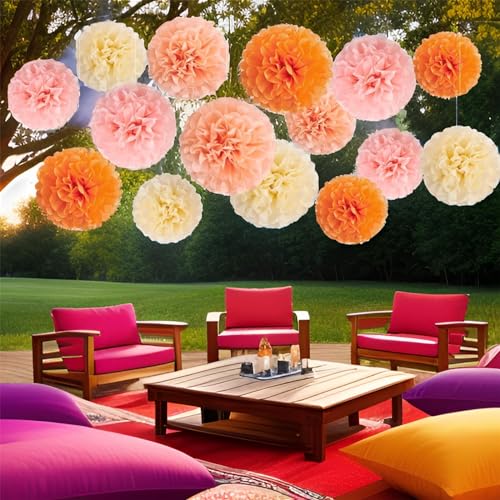 Image of XIKSXITN 12pcs Light Pink and Orange Paper Pom Poms Decorations for Party ,Ceiling Hanging Tissue Paper Flowers Decorations (10&12inch)