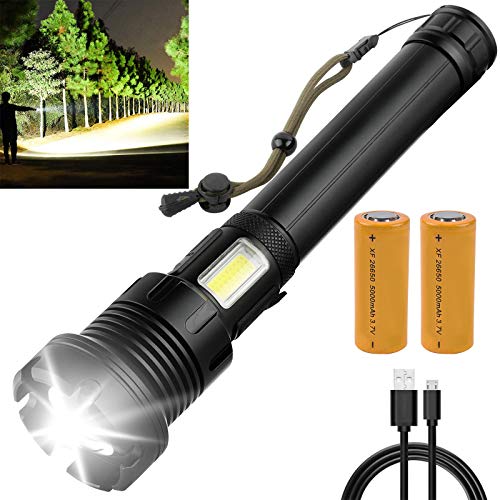 LED Rechargeable Flashlights, 90000 High Lumens Bright Tactical Flashlights with Side Work Light, 7 Lighting Modes, IPX5 Waterproof & Zoomable Flashlights for Emergencies or Outdoor