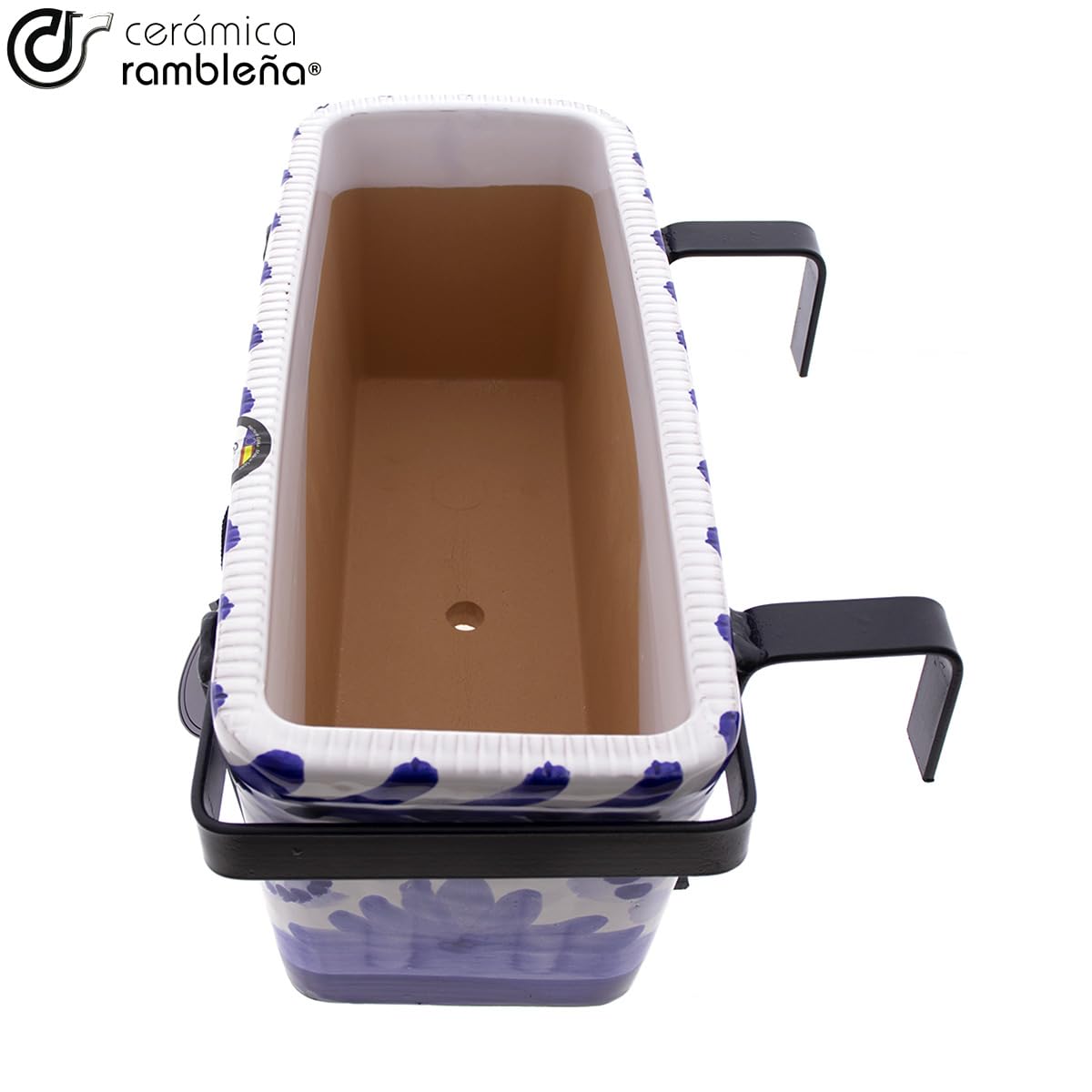 CERÁMICA RAMBLEÑA | Jardinera balcón | Jardinera Exteriores | Jardinera Rectangular | Jardinera montería Azul - Modelo J02 | 100% Decorada a Mano | 31x19.5x13.5 cm | Soporte forja balcón Incluido