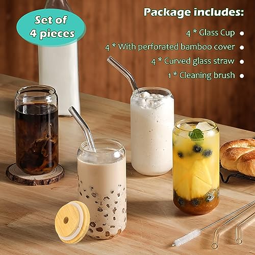 LWMTT Bicchiere da Birra con Coperchio e Cannuccio, 4 Pezzi 500ml Bicchieri Birra Vetro, Bicchieri da cocktail con coperchio e cannuccia per Soda, Smoothie, Bubble Tea, Cocktail - immagine 4