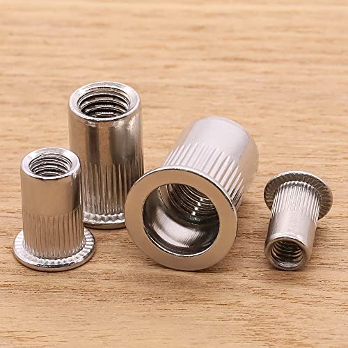 Image of M4-0.7 x 10.5mm Rivet Nut Stainless Steel 304 (18 /8), UNC Flat Head Threaded Insert Rivnuts, Knurled Body, 100 PCS