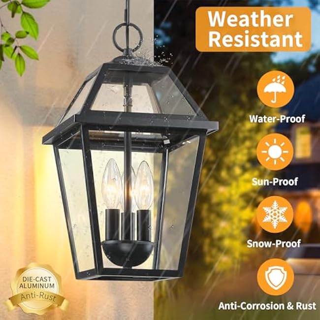 Large Outdoor Pendant Light for Porch 3-Light, 16'' Waterproof Exterior Hanging Lighting Outdoor Chandelier for Porch Gazebo with Adjustable Chain Tempered Glass,1Pack, Bulb Not Included