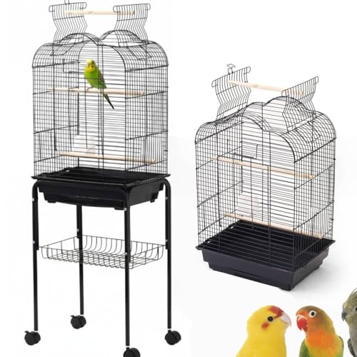 iimono117 鳥かご インコ 大型 スタンド付き (高さ140×幅46×奥行36cm) 持ち運び 鳥 ケージ バードゲージ 鳥小屋 引き出し式トレイ 止まり木 ブランコ 餌入れ 文鳥 セキセイインコ オカメインコ ボタンインコ コザクラインコ (ブラ