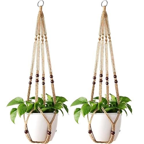 Macrame Plant Hanger Indoor Hanging Planter Basket with Wood Beads Decorative Flower Pot Holder No Tassels for Indoor Outdoor Boho Home Decor 35 Inch, Brown, Set of 2 (POTS NOT Included)
