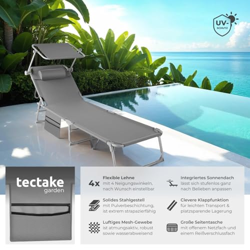 tectake® Sonnenliege klappbar, tragbar, Liege mit Seitentasche, Strandliege, Gartenliege mit Dach, Liegestuhl mit Verstellbarer Rückenlehne, inkl. Kopfkissen - für Balkon, Terrasse, Camping - grau