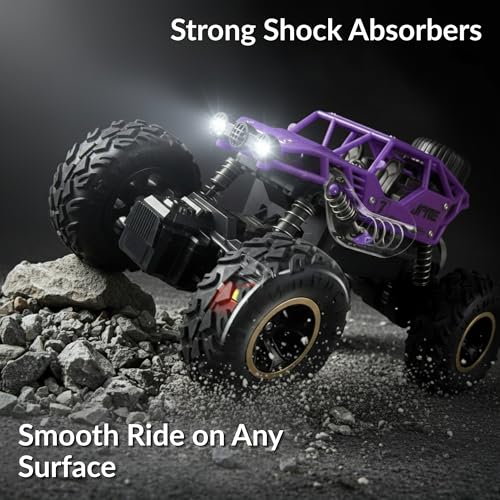 Image of Lilplay Monster Truck | Rechargeable Remote Control Car for Kids | Rock Crawler 5 Function 1:18 RC Car with Smoke | Offroad High Speed Rock Climbing Toys for Boys (Purple)
