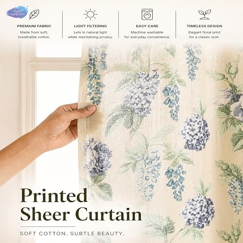 Image of Clasiko Block Print Sheer Door Curtains; 40% Light Filtering Linen Textured Curtains with Eyelets; Set of 2 | 54x108 Inches / 9 Feet | Glory Blue