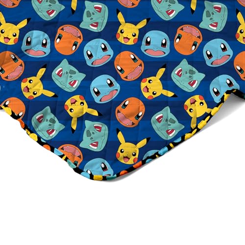 Image of Northwest Pokemon Striped Favorites Quilted Throw Blanket - Oversized Blanket Featuring Pikachu, Charmander, Bulbasaur & Squirtle, Soft and Comfy for Bed, Couch, 60 x 80 Inches