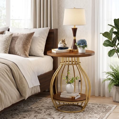 Image of Al Hama 2 Tier Coffee Table: Minimalist Nordic Style White Elegant Round Tables Tea Table Sturdy Metal Frame Corner Table Bedroom Bedside Table (Gold Brown)
