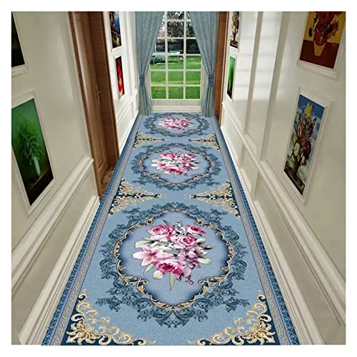 JYHHCYS moqueta por Metros Alfombra De Pasillo Antideslizante Azul para La Sala De Estar Lavandería Entrada, Alfombra De Estilo Europeo para Niños Y Mascotas, 2 2.6 3 3.9ft De Ancho Cover