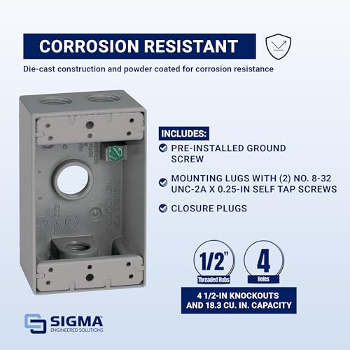 Image of SIGMA ENGINEERED SOLUTIONS Metal Electrical Outlet Box, Weatherproof, Easy Mount Plug and Receptacle Protector, 1 Gang Box, Gray, (E) 4 Holes