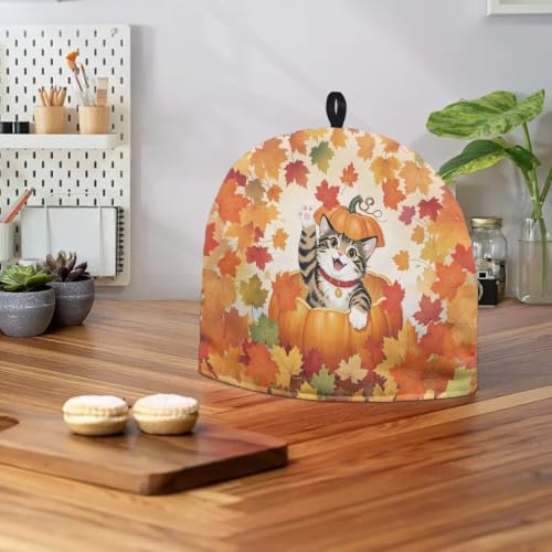 Image of Hudotybom Fall Maple Cat Tea Pot Cozies Thanksgiving Coffee Breakfast Warmer Teapot Dustproof Insulated Covers Tea Kettle Quilt for Kitchen