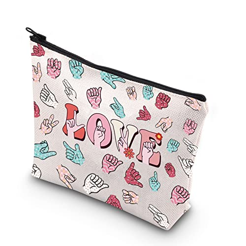 WCGXKO Sign Language Heart Makeup Bag Asl Gift Asl Interpreter Deaf Gift Gift for Asl Teacher Asl Zipper Pouch (LOVE HAND)