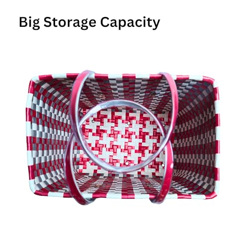 Image of Hand Made Multipurpose Plastic Basket with Lid | Eco-Friendly, Washable, Rust-Free Storage Basket for Kitchen, Picnic, Toys, Travel, Office | Lightweight basket (Grey with Red, XL)