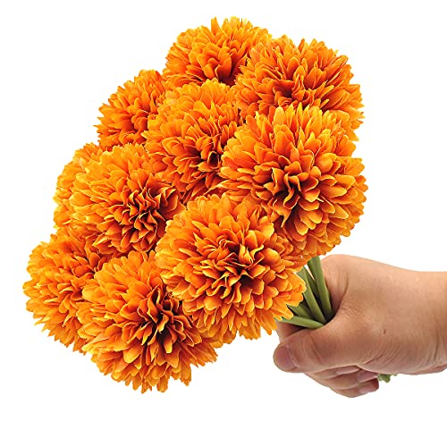 Blooming Paradise 10Pcs Artificial Fake Flower Plants Silk Chrysanthemum Ball Hydrangea Arrangements Wedding Bouquets Decor Home Kitchen Garden Party Table Floral Centerpieces Diy (Orange) #TOP3
