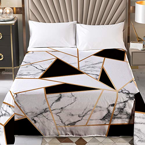 BlessLiving Modern Bedding Flat Sheets for Men, Black and White Marbled Printed Bedding Top Sheet, Wrinkle, Fade, Stain Resistant, 1-Piece, Fashion Women Gifts (Full)