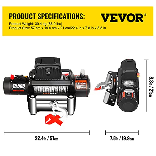 VEVOR Truck Winch 15500lbs Electric Winch 28.5m/93.5ft Cable Steel 12V