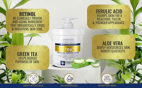 Advanced Clinicals Retinol Cream Face Moisturizer & Body Cream | Crepey Skin Care Treatment | Fragrance Free Retinol Body Lotion Targets Look Of Crepe Skin, Wrinkles, & Sagging Skin, 16 Oz (2-Pack) #TOP1