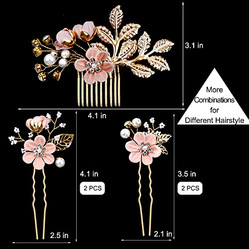 5 Pieces Bridal Flower Wedding Hair Pins Crystal Pearl Hair Pins Clips Headpiece Gold Wedding Hair Accessories Jewelry With Rhinestone For Brides Bridesmaids Women Girls Updo(Cherry Blossoms Pink) #TOP3