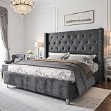 PaPaJet Upholstered Queen Bed Frame with Tall Headboard, Wingback Platform Bed, Low Profile Velvet Tufted Button, No Box Spring Needed, Easy Assembly, Grey