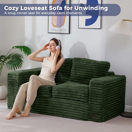 Image of MAXYOYO Loveseat Sofa Couch, Upholstered Bean Bag Chair Cloud Seat for Adults, Boneless Couch with Cushion & Pillows, Sofa in A Box, No Assembly Required, Faux Fur Green
