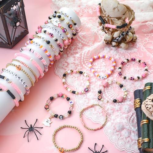 56 Pcs Halloween Bracelets for Women Pink Stackable Beaded Friendship Bracelets Set Tretch Clay Heishi Boo Pumpkin Skull Ghosts Bat Halloween Jewelry Bulk Party Favors Accessories Gifts4